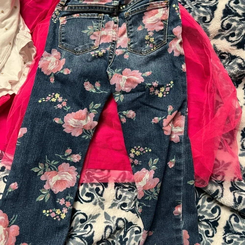 Oshkosh Long Sleeve Shirt Little Girls Sz 5/6 Pink Dress Roses Denim Jean Lot